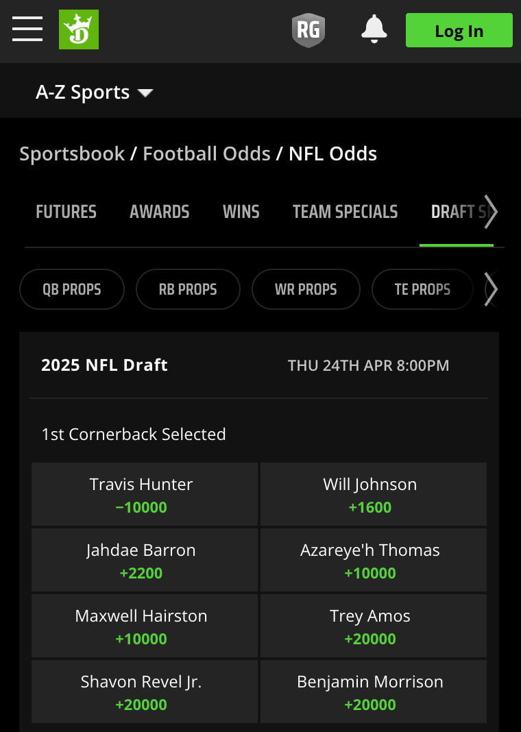Travis Hunter NFL Draft odds at DraftKings